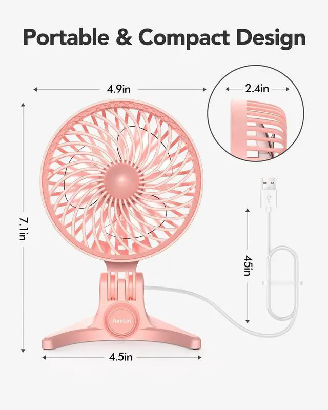 Alt view image 7 of 7 - AaoLin USB Desk Fan, Small Fans with CVT Variable Speeds, Strong Cooling Airflow, Quiet Portable, Desktop Mini Personal Table Fan for Room, Home,Office, Bedroom, Pink