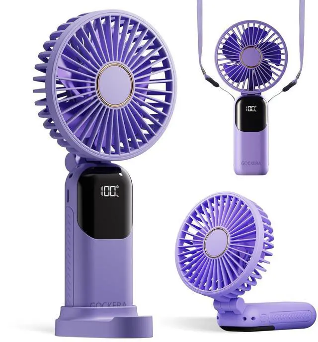 Main image of GOCKERA Portable Fan, 4200mAh Battery Operated Fan, 5 Speeds&Digital Display, Makeup Fans for Women with Base, 180°Foldable 3in1 Handheld/Neck/Desk Fan for Outdoor Indoor,Ultra Quiet (Purple)