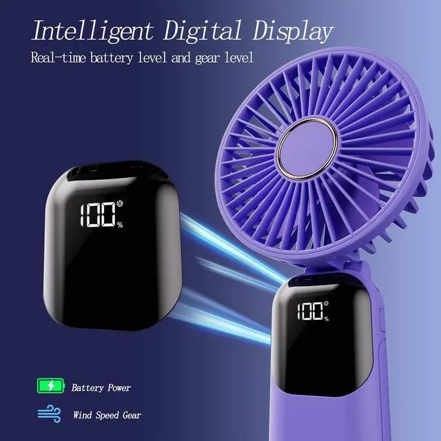 Alt view image 4 of 6 - GOCKERA Portable Fan, 4200mAh Battery Operated Fan, 5 Speeds&Digital Display, Makeup Fans for Women with Base, 180°Foldable 3in1 Handheld/Neck/Desk Fan for Outdoor Indoor,Ultra Quiet (Purple)