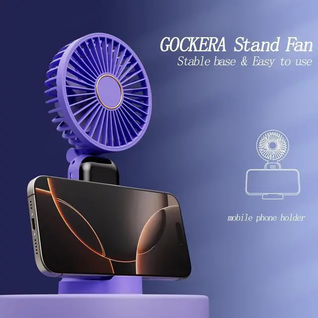 Alt view image 5 of 6 - GOCKERA Portable Fan, 4200mAh Battery Operated Fan, 5 Speeds&Digital Display, Makeup Fans for Women with Base, 180°Foldable 3in1 Handheld/Neck/Desk Fan for Outdoor Indoor,Ultra Quiet (Purple)