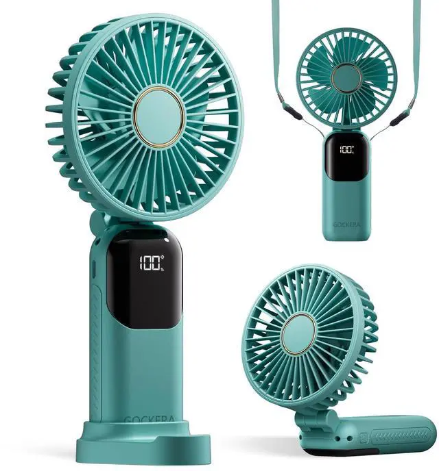 Main image of GOCKERA Portable Fan, 4200mAh Battery Operated Fan, 5 Speeds&Digital Display, Makeup Fans for Women with Base, 180°Foldable 3in1 Handheld/Neck/Desk Fan for Outdoor Indoor,Ultra Quiet (Green)