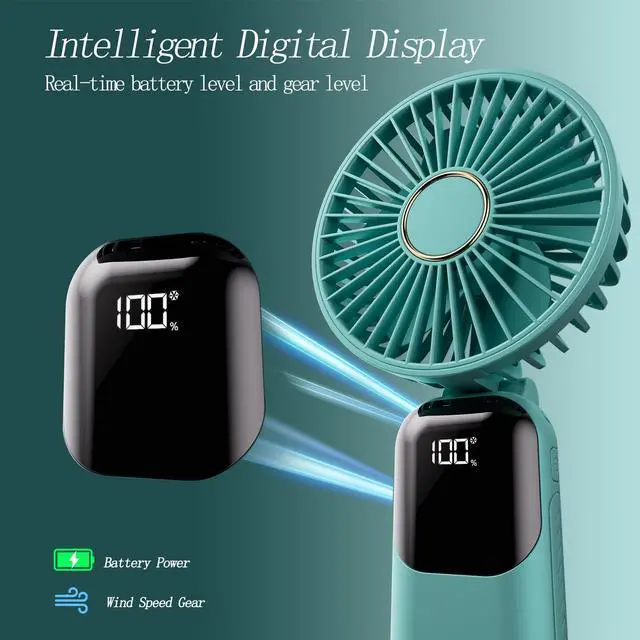 Alt view image 4 of 6 - GOCKERA Portable Fan, 4200mAh Battery Operated Fan, 5 Speeds&Digital Display, Makeup Fans for Women with Base, 180°Foldable 3in1 Handheld/Neck/Desk Fan for Outdoor Indoor,Ultra Quiet (Green)