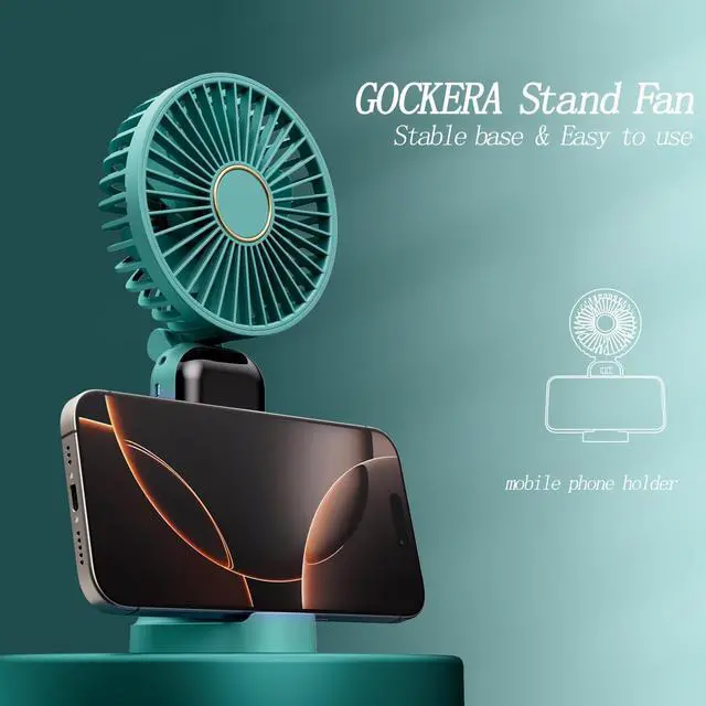Alt view image 5 of 6 - GOCKERA Portable Fan, 4200mAh Battery Operated Fan, 5 Speeds&Digital Display, Makeup Fans for Women with Base, 180°Foldable 3in1 Handheld/Neck/Desk Fan for Outdoor Indoor,Ultra Quiet (Green)