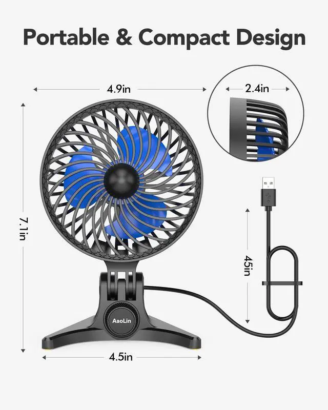 Alt view image 7 of 7 - AaoLin USB Desk Fan, Small Fans with CVT Variable Speeds, Strong Cooling Airflow, Quiet Portable, Desktop Mini Personal Table Fan for Room, Home, Office, Bedroom, Blue Black