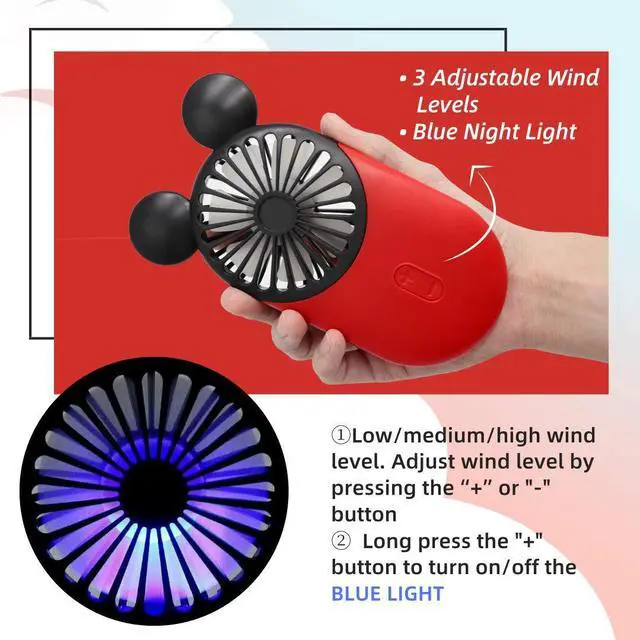 Alt view image 2 of 6 - DecoLife Cute Personal Mini Fan, Handheld & Portable USB Rechargeable Fan with Beautiful LED Light, 3 Adjustable Speeds, Finger Holder, Perfect for Indoor or Outdoor Activities, Cute Mouse (Yellow)