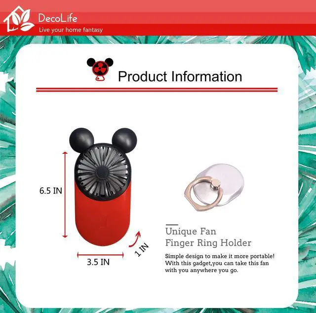 Alt view image 6 of 6 - DecoLife Cute Personal Mini Fan, Handheld & Portable USB Rechargeable Fan with Beautiful LED Light, 3 Adjustable Speeds, Portable Holder, Perfect for Indoor Or Outdoor Activities, Cute Mouse