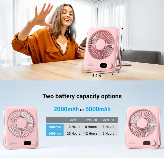 Alt view image 6 of 7 - Small Desk Fan Personal Fans: 5000mah 25 Hours Battery Office Quiet Mini Desktop Fan Portable Rechargeable Travel Essentials (Pink, 2000 mAh)