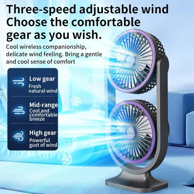 Alt view image 3 of 7 - Desk Fan, Rechargeable Portable Fan With 360 ° Rotate Head, LED Digital Power display&3-Speed Wind Adjustment Function, Ultra Quiet Small Fan For Home, Kitchen,Travel, Camping, Bedroom, Office(Double)