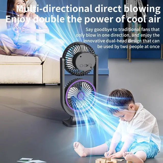 Alt view image 6 of 7 - Desk Fan, Rechargeable Portable Fan With 360 ° Rotate Head, LED Digital Power display&3-Speed Wind Adjustment Function, Ultra Quiet Small Fan For Home, Kitchen,Travel, Camping, Bedroom, Office(Double)