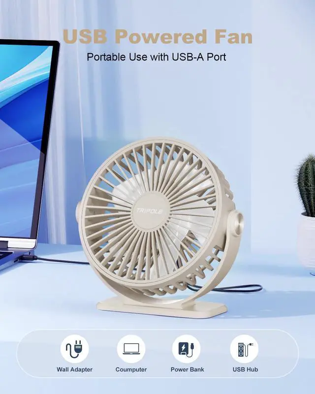 Alt view image 2 of 7 - TriPole USB Desk Fan Small Portable Personal Fan, 3 Speeds Adjustable Strong Breeze Mini Electric Fan, 360° Rotation Quiet Plug In USB Fan for Desktop Bedroom Office Table Travel Cruise, Beige, 4.5in