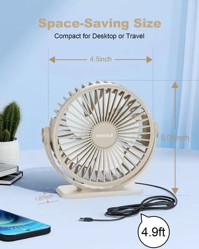 Alt view image 5 of 7 - TriPole USB Desk Fan Small Portable Personal Fan, 3 Speeds Adjustable Strong Breeze Mini Electric Fan, 360° Rotation Quiet Plug In USB Fan for Desktop Bedroom Office Table Travel Cruise, Beige, 4.5in