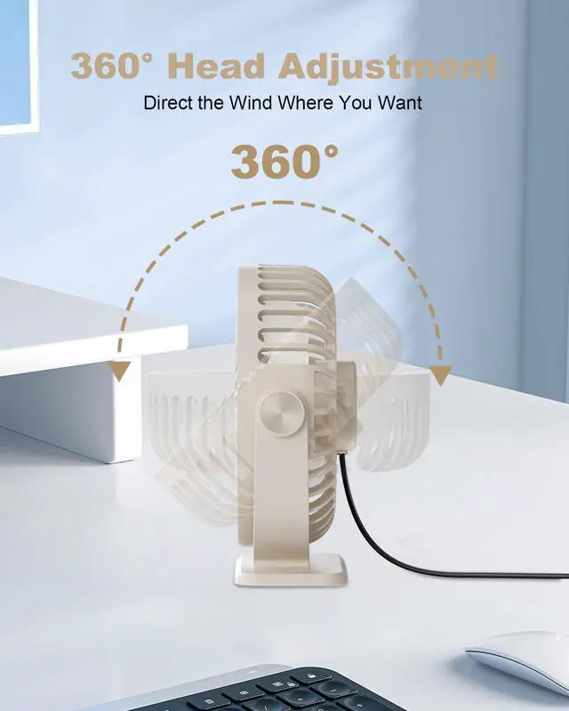 Alt view image 7 of 7 - TriPole USB Desk Fan Small Portable Personal Fan, 3 Speeds Adjustable Strong Breeze Mini Electric Fan, 360° Rotation Quiet Plug In USB Fan for Desktop Bedroom Office Table Travel Cruise, Beige, 4.5in