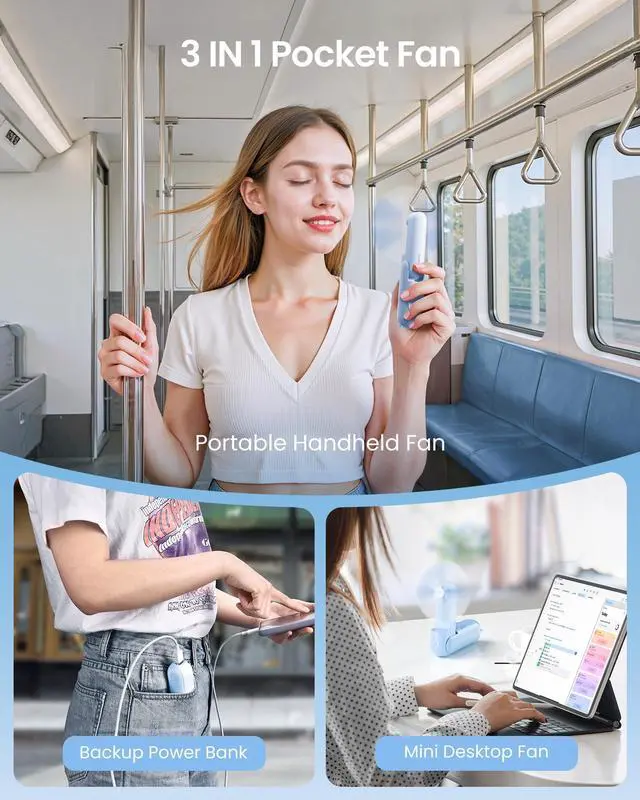 Alt view image 5 of 7 - GAIATOP Portable Handheld Fan, 3 IN 1 Mini Foldable Travel Fans [17H Max Cooling Time] with Power Bank, Pocket Design USB Rechargeable for Travel Concert Lash Makeup, Summer Gifts for Women Girl, Blue