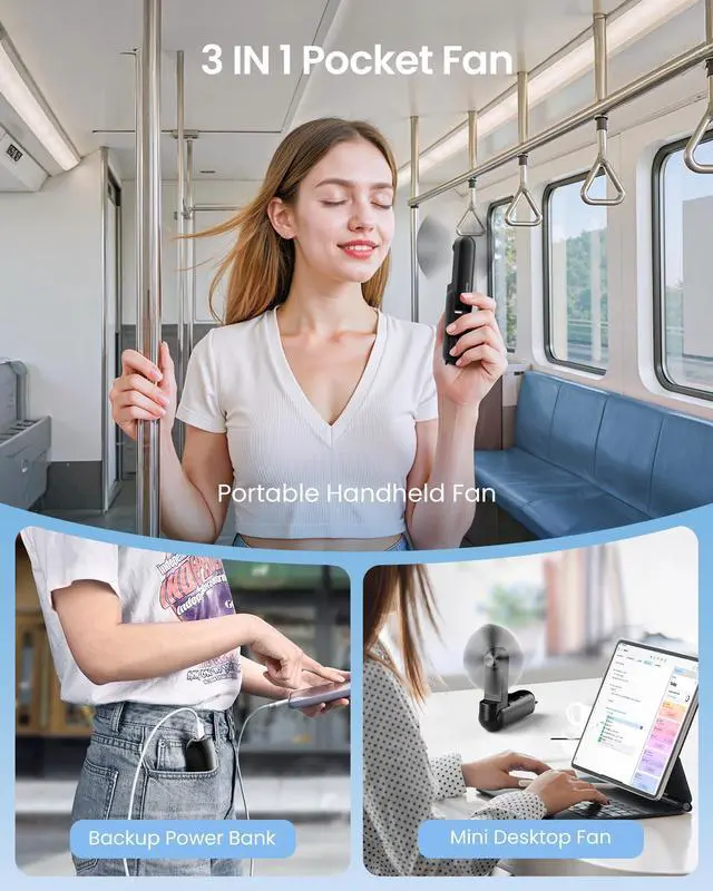 Alt view image 5 of 7 - GAIATOP Portable Handheld Fan, 3 IN 1 Mini Foldable Travel Fans [17H Max Cooling Time] with Power Bank, Pocket Design USB Rechargeable for Travel Concert Lash Makeup, Summer Gifts for Women Girl Black