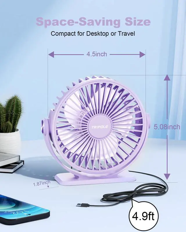 Alt view image 2 of 7 - TriPole Desk Fan USB Powered Small Portable Fan, 3 Speeds Adjustable Strong Breeze Mini Personal Fan, 360° Rotation Quiet Plug In USB Fan for Desktop Bedroom Office Table Travel, Purple, 4.9ft Cable