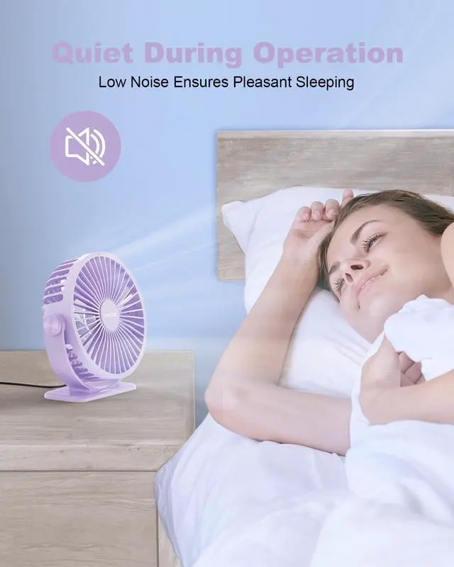 Alt view image 4 of 7 - TriPole Desk Fan USB Powered Small Portable Fan, 3 Speeds Adjustable Strong Breeze Mini Personal Fan, 360° Rotation Quiet Plug In USB Fan for Desktop Bedroom Office Table Travel, Purple, 4.9ft Cable