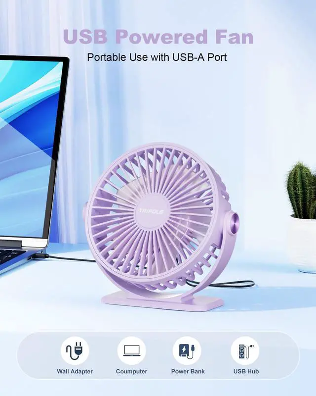 Alt view image 5 of 7 - TriPole Desk Fan USB Powered Small Portable Fan, 3 Speeds Adjustable Strong Breeze Mini Personal Fan, 360° Rotation Quiet Plug In USB Fan for Desktop Bedroom Office Table Travel, Purple, 4.9ft Cable