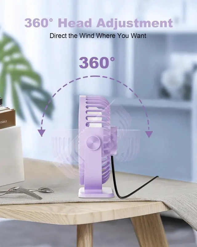 Alt view image 6 of 7 - TriPole Desk Fan USB Powered Small Portable Fan, 3 Speeds Adjustable Strong Breeze Mini Personal Fan, 360° Rotation Quiet Plug In USB Fan for Desktop Bedroom Office Table Travel, Purple, 4.9ft Cable