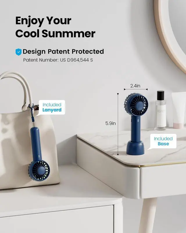 Alt view image 2 of 7 - Gaiatop Mini Portable Fan, Navy Blue, Cute Design, Powerful Wind, Handheld and Desktop, Rechargeable Battery