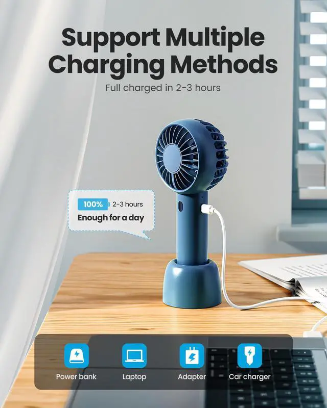Alt view image 6 of 7 - Gaiatop Mini Portable Fan, Navy Blue, Cute Design, Powerful Wind, Handheld and Desktop, Rechargeable Battery