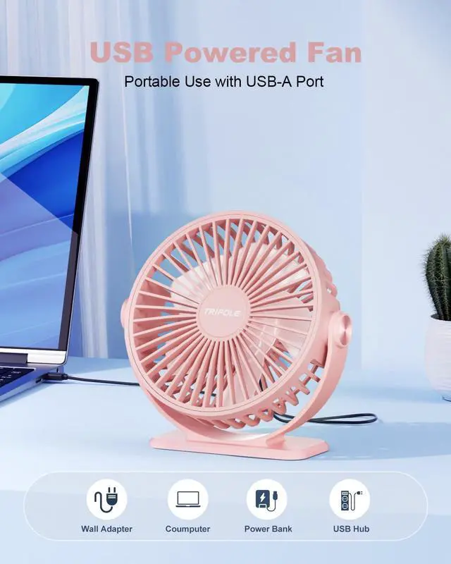 Alt view image 2 of 7 - TriPole USB Desk Fan Mini Portable Personal Fan, 3 Speeds Adjustable Strong Breeze Small Electric Fan, 360° Rotation Quiet Plug In USB Fan for Desktop Bedroom Office Table Travel Cruise, Pink, 4.5in