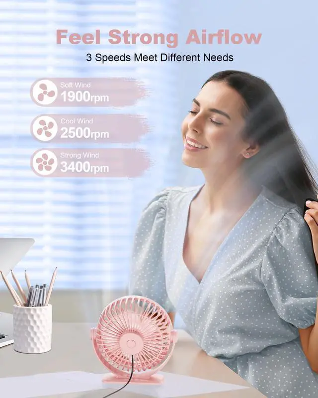 Alt view image 3 of 7 - TriPole USB Desk Fan Mini Portable Personal Fan, 3 Speeds Adjustable Strong Breeze Small Electric Fan, 360° Rotation Quiet Plug In USB Fan for Desktop Bedroom Office Table Travel Cruise, Pink, 4.5in