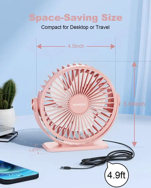 Alt view image 5 of 7 - TriPole USB Desk Fan Mini Portable Personal Fan, 3 Speeds Adjustable Strong Breeze Small Electric Fan, 360° Rotation Quiet Plug In USB Fan for Desktop Bedroom Office Table Travel Cruise, Pink, 4.5in