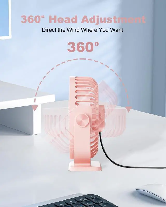 Alt view image 6 of 7 - TriPole USB Desk Fan Mini Portable Personal Fan, 3 Speeds Adjustable Strong Breeze Small Electric Fan, 360° Rotation Quiet Plug In USB Fan for Desktop Bedroom Office Table Travel Cruise, Pink, 4.5in