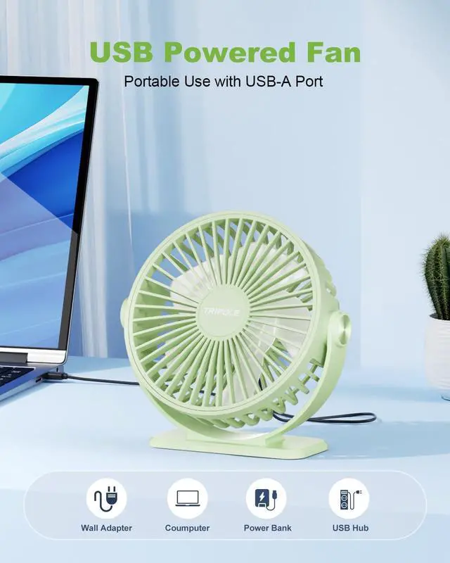 Alt view image 2 of 7 - TriPole USB Desk Fan Mini Portable Fan, 3 Speeds Strong Breeze Small Electric Fans, 360° Rotation Quiet Plug In Personal USB Fans for Desktop Bedroom Office Table Travel Cruise, Green, 4.5in