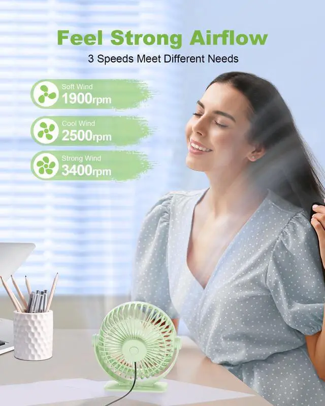Alt view image 3 of 7 - TriPole USB Desk Fan Mini Portable Fan, 3 Speeds Strong Breeze Small Electric Fans, 360° Rotation Quiet Plug In Personal USB Fans for Desktop Bedroom Office Table Travel Cruise, Green, 4.5in