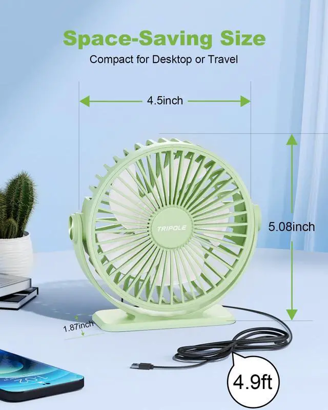 Alt view image 5 of 7 - TriPole USB Desk Fan Mini Portable Fan, 3 Speeds Strong Breeze Small Electric Fans, 360° Rotation Quiet Plug In Personal USB Fans for Desktop Bedroom Office Table Travel Cruise, Green, 4.5in