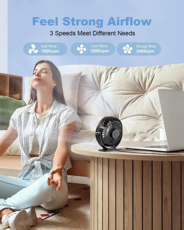 Alt view image 2 of 7 - TriPole Desk Fan USB Powered Small Portable Fan, 3 Speeds Adjustable Strong Breeze Mini Personal Fans, 360° Rotation Quiet Plug In USB Fans for Desktop Bedroom Office Table Travel, Black, 4.9ft Cable