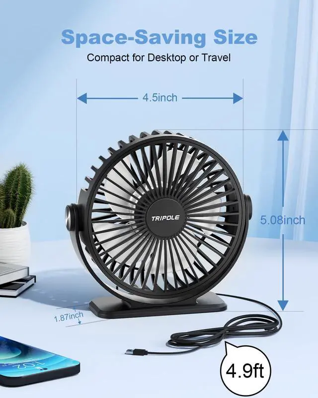 Alt view image 3 of 7 - TriPole Desk Fan USB Powered Small Portable Fan, 3 Speeds Adjustable Strong Breeze Mini Personal Fans, 360° Rotation Quiet Plug In USB Fans for Desktop Bedroom Office Table Travel, Black, 4.9ft Cable