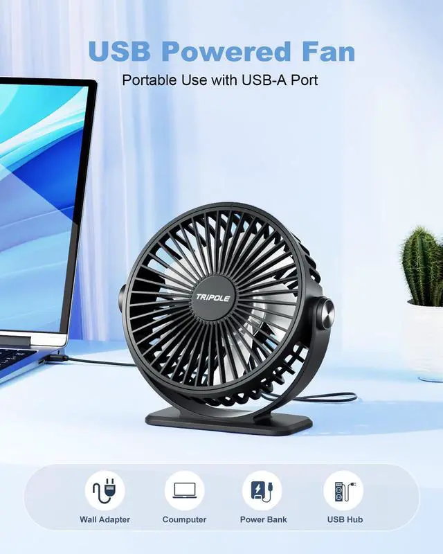 Alt view image 4 of 7 - TriPole Desk Fan USB Powered Small Portable Fan, 3 Speeds Adjustable Strong Breeze Mini Personal Fans, 360° Rotation Quiet Plug In USB Fans for Desktop Bedroom Office Table Travel, Black, 4.9ft Cable