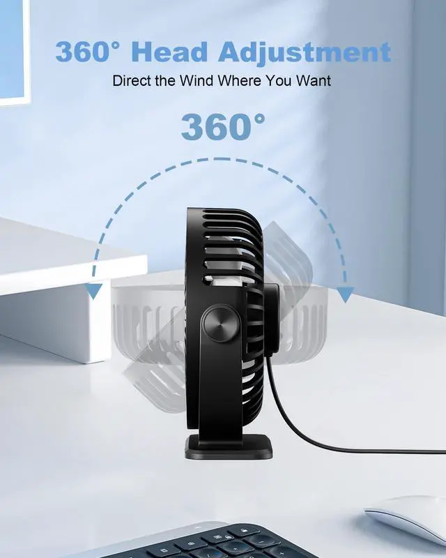 Alt view image 6 of 7 - TriPole Desk Fan USB Powered Small Portable Fan, 3 Speeds Adjustable Strong Breeze Mini Personal Fans, 360° Rotation Quiet Plug In USB Fans for Desktop Bedroom Office Table Travel, Black, 4.9ft Cable