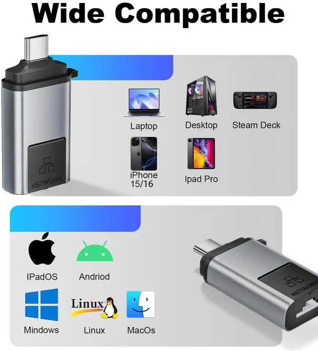 Alt view image 7 of 7 - USB C to Ethernet Adapter, Driver Free RJ45 to USB C [Thunderbolt 3/4 Compatible], 1Gbps Type-C Gigabit Ethernet LAN Network Adapter for MacBook Pro/Air, iPhone 15 Pro/Max, Dell XPS, Galaxy S8-S24