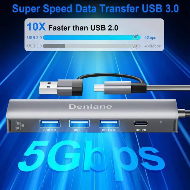 Alt view image 4 of 7 - Denlane USB C USB 3.0 to Ethernet Adapter, 5 in 2 Gigabit Ethernet USB Hub for Laptop with 4-Port USB-A 3.0 and USBC, 1000Mbps RJ45 LAN Network Adapter Compatible with MacBook/iPad Pro/Phone/Tablet