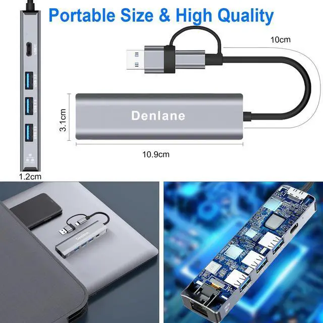 Alt view image 7 of 7 - Denlane USB C USB 3.0 to Ethernet Adapter, 5 in 2 Gigabit Ethernet USB Hub for Laptop with 4-Port USB-A 3.0 and USBC, 1000Mbps RJ45 LAN Network Adapter Compatible with MacBook/iPad Pro/Phone/Tablet