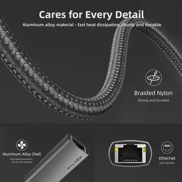 Alt view image 5 of 7 - USB-C to Ethernet Adapter, WALNEW USBC to RJ45 Lan Adapter, Gigabit Cat Network Cable Converter to Type C Thunderbolt 3 for Mac,MacBook Pro/Air,iPad 10th,Dell XPS,Chromebook,Surface,Samsung Galaxy Tab