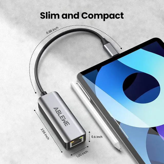 Alt view image 7 of 7 - USB C to Ethernet Adapter, ABLEWE Type-C to RJ45 Gigabit Ethernet Adapter, Thunderbolt 3 to RJ45 LAN Network Adapter Compatible for MacBook Pro 2017 and More, MacBook Air, Dell XPS, iPad Pro (Grey)