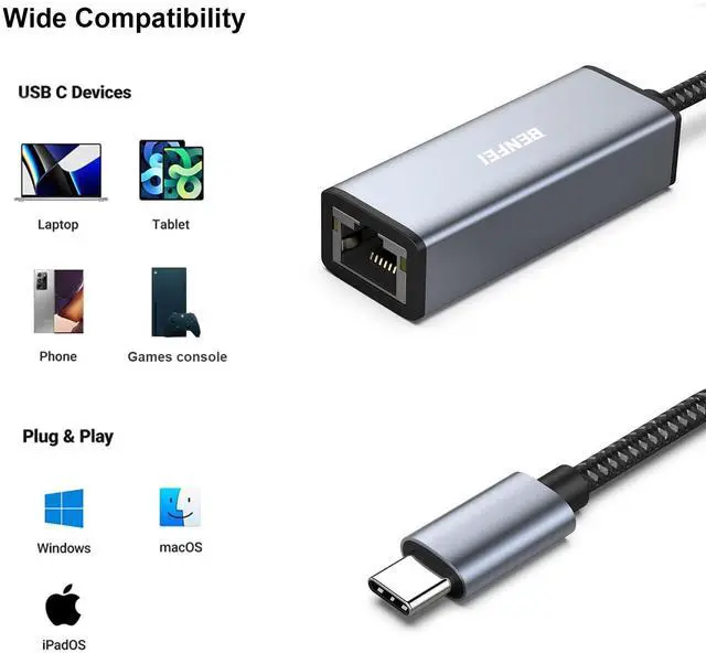 Alt view image 4 of 7 - BENFEI USB-C to Ethernet Adapter, USB Type-C (Thunderbolt 3/4) to RJ45 Gigabit Ethernet LAN Network Adapter Compatible with iPhone 15 Pro/Max, MacBook Pro/Air 2023, iPad Pro,iMac, S23, XPS 17 and More