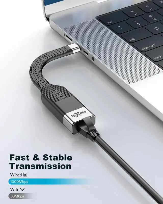 Alt view image 2 of 7 - USB C to Ethernet Adapter, Rixmie RJ45 to USB C [Thunderbolt 3/4 Compatible], 1000Mbps Type-C Gigabit Ethernet LAN Network Adapter for MacBook Pro/Air, iPad Pro, Dell XPS, Surface Laptop, Mac