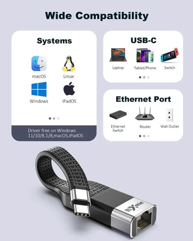Alt view image 5 of 7 - USB C to Ethernet Adapter, Rixmie RJ45 to USB C [Thunderbolt 3/4 Compatible], 1000Mbps Type-C Gigabit Ethernet LAN Network Adapter for MacBook Pro/Air, iPad Pro, Dell XPS, Surface Laptop, Mac