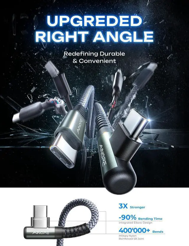 Alt view image 2 of 7 - AINOPE USB C Cable to USB C 60W 2-Pack 6.6ft Nylon Braided Type C Charger Fast Charging Right Angle USBC to USBC Cable Charger Cord for iPhone 16 Pro Max 15 Samsung S25 Ultra iPad Pro Switch MacBook