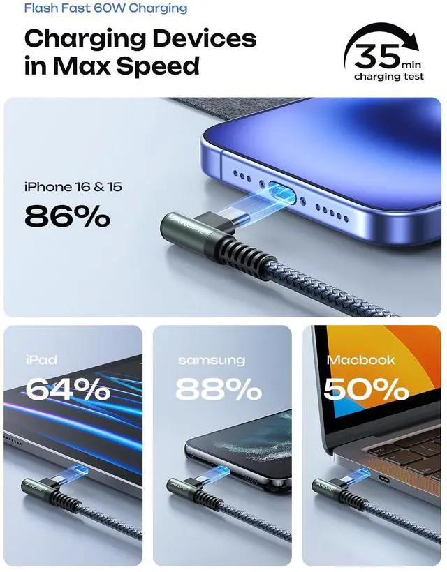 Alt view image 7 of 7 - AINOPE USB C Cable to USB C 60W 2-Pack 6.6ft Nylon Braided Type C Charger Fast Charging Right Angle USBC to USBC Cable Charger Cord for iPhone 16 Pro Max 15 Samsung S25 Ultra iPad Pro Switch MacBook