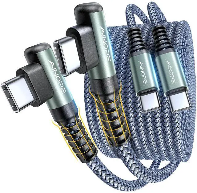 Main image of AINOPE USB C Cable to USB C 60W 2-Pack 6.6ft Nylon Braided Type C Charger Fast Charging Right Angle USBC to USBC Cable Charger Cord for iPhone 16 Pro Max 15 Samsung S25 Ultra iPad Pro Switch MacBook