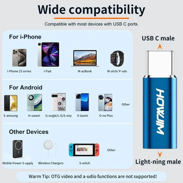 Alt view image 4 of 7 - Light-ning to USB C Adapter 2 Pack,PD27W/66W/QC100W Fast Charging Data Transfer,Light ning Female to Type-C Male for i-Phone15 16 Series/i-Pad Pro/G-alaxy/X-peria,Not for Audio/Headphone/OTG Blue