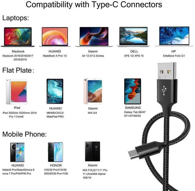Alt view image 6 of 7 - USB Type C Cable 5Pack (3/3/6/6/10FT) Nylon Braided USB C Cable Fast Charger Charging Cord Compatible Samsung Galaxy S9 S8 Note 9 Note 8 Plus,LG V30 G6 G5 V20,Google Pixel, Moto Z2, iPad 2021and More