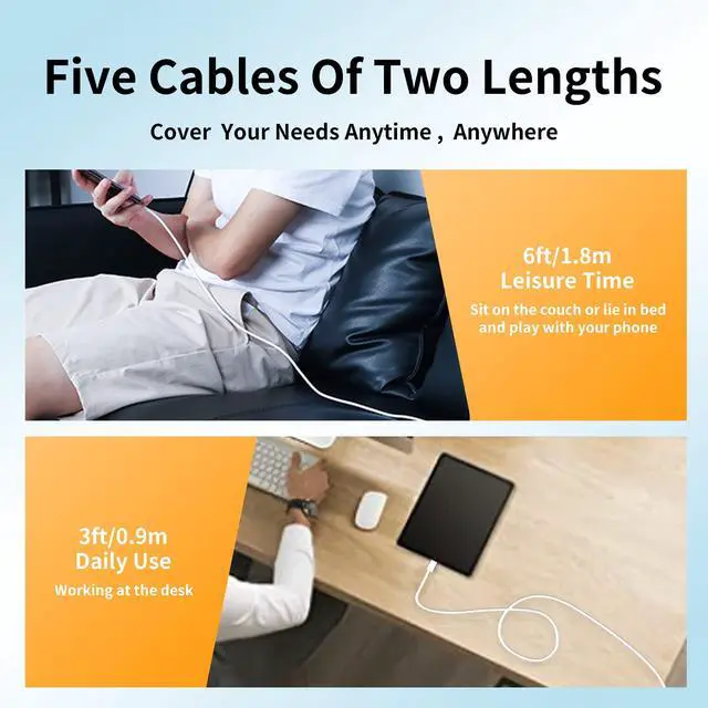 Alt view image 7 of 7 - Hrbzo USB C Cable (5-Pack 3.3+3.3+3.3+6+6ft), USB A to USB C Fast Charging Cord Compatible with Galaxy S10 S9 S8, Power Bank, and Other Type c Devices-White