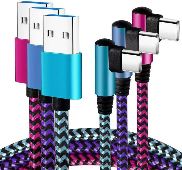 Main image of Teeind USB Type C Cable 2.1A Fast Charging: [90 Degree/6ft/3Pack] Nylon USB C Cord Right Angle Compatible with Samsung Galaxy S23/S22/9/Note 10, USB C Charger-Blue/Magenta/Purple